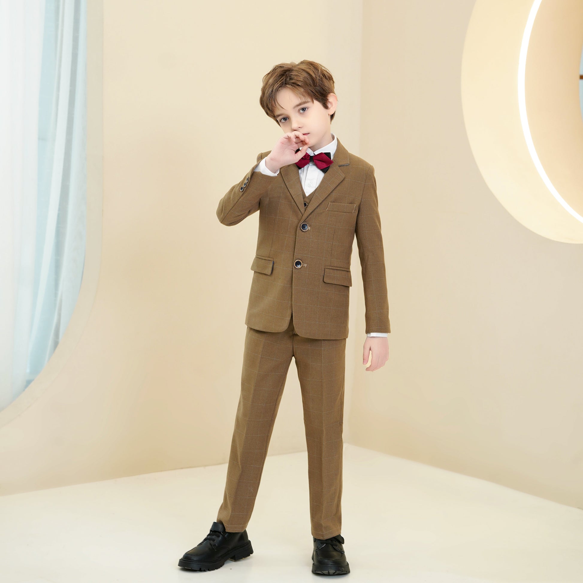 Dark Khaki Plaid Elegant 5 Piece Boys Suits Yuanlu