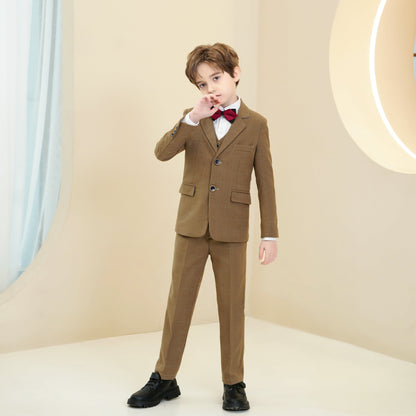 Dark Khaki Plaid Elegant 5 Piece Boys Suits Yuanlu