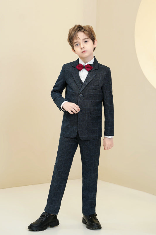 Navy Plaid Elegant 5 Piece Boys Suits Yuanlu