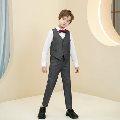 Dark Grey Striped Modern 5 Piece Boy's Formal Suits Yuanlu