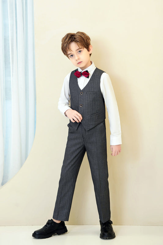 Dark Grey Striped Modern 4 Piece Boy's Formal Suits Yuanlu