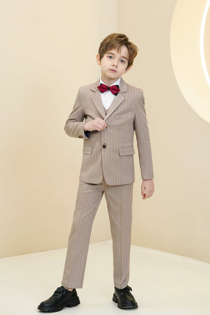 Khaki Striped Modern 5 Piece Boy's Formal Suits Yuanlu