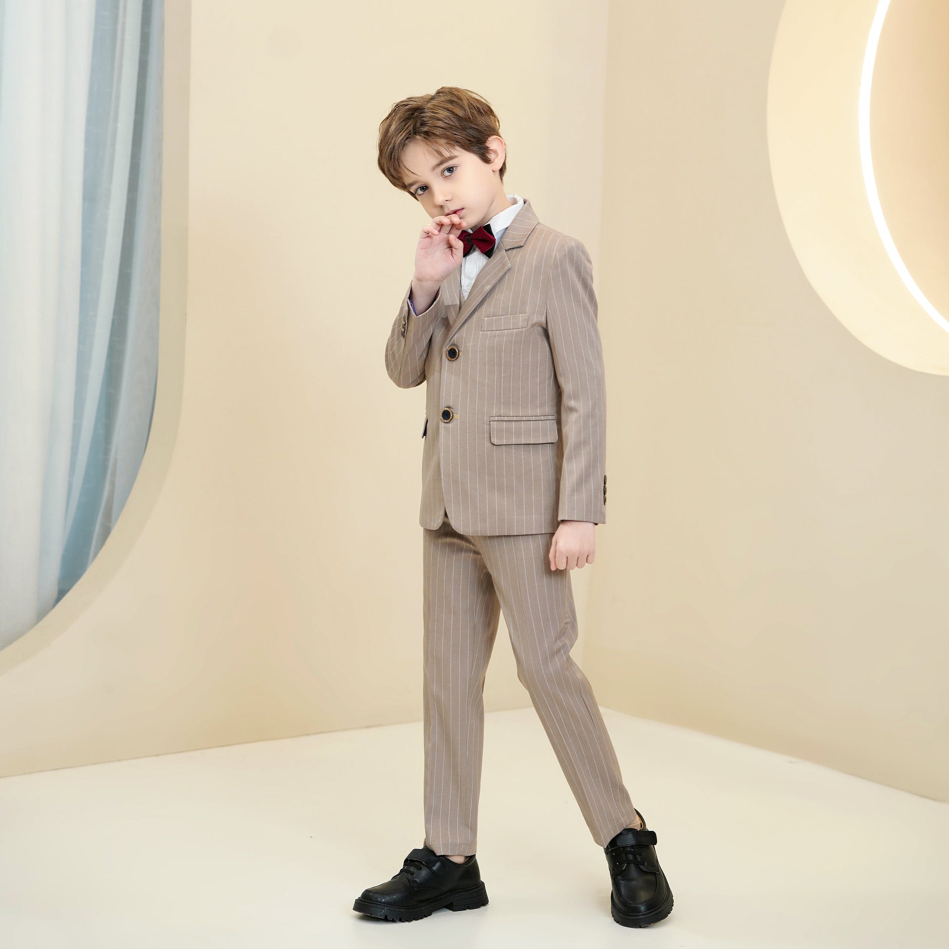 Khaki Striped Modern 5 Piece Boy's Formal Suits Yuanlu