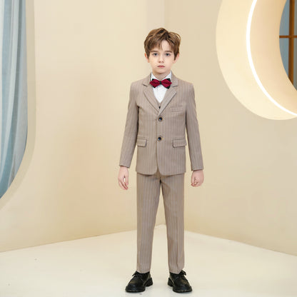 Khaki Striped Modern 5 Piece Boy's Formal Suits Yuanlu