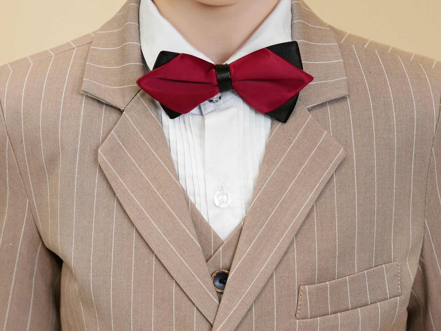 Khaki Striped Modern 5 Piece Boy's Formal Suits Yuanlu