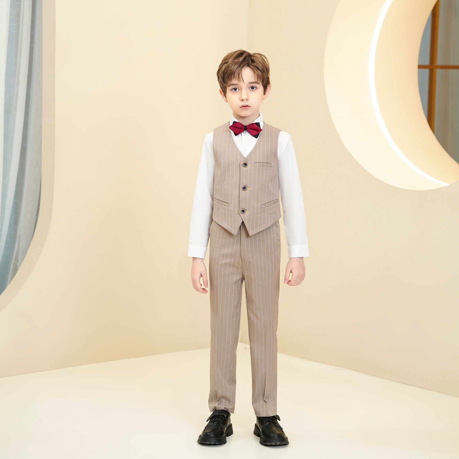 Khaki Striped Modern 5 Piece Boy's Formal Suits Yuanlu