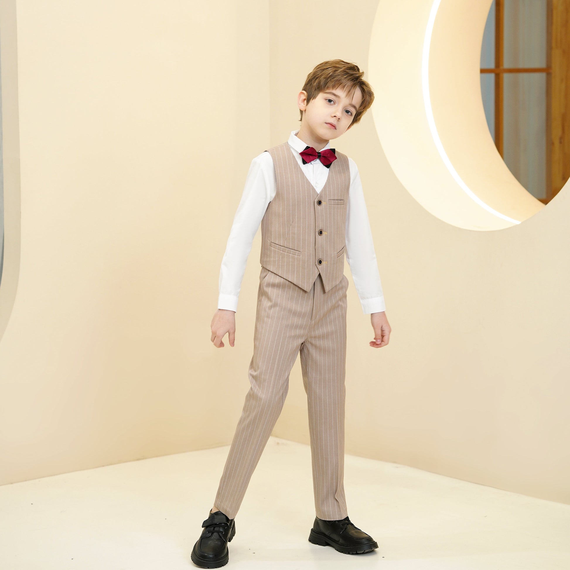 Khaki Striped Modern 5 Piece Boy's Formal Suits Yuanlu