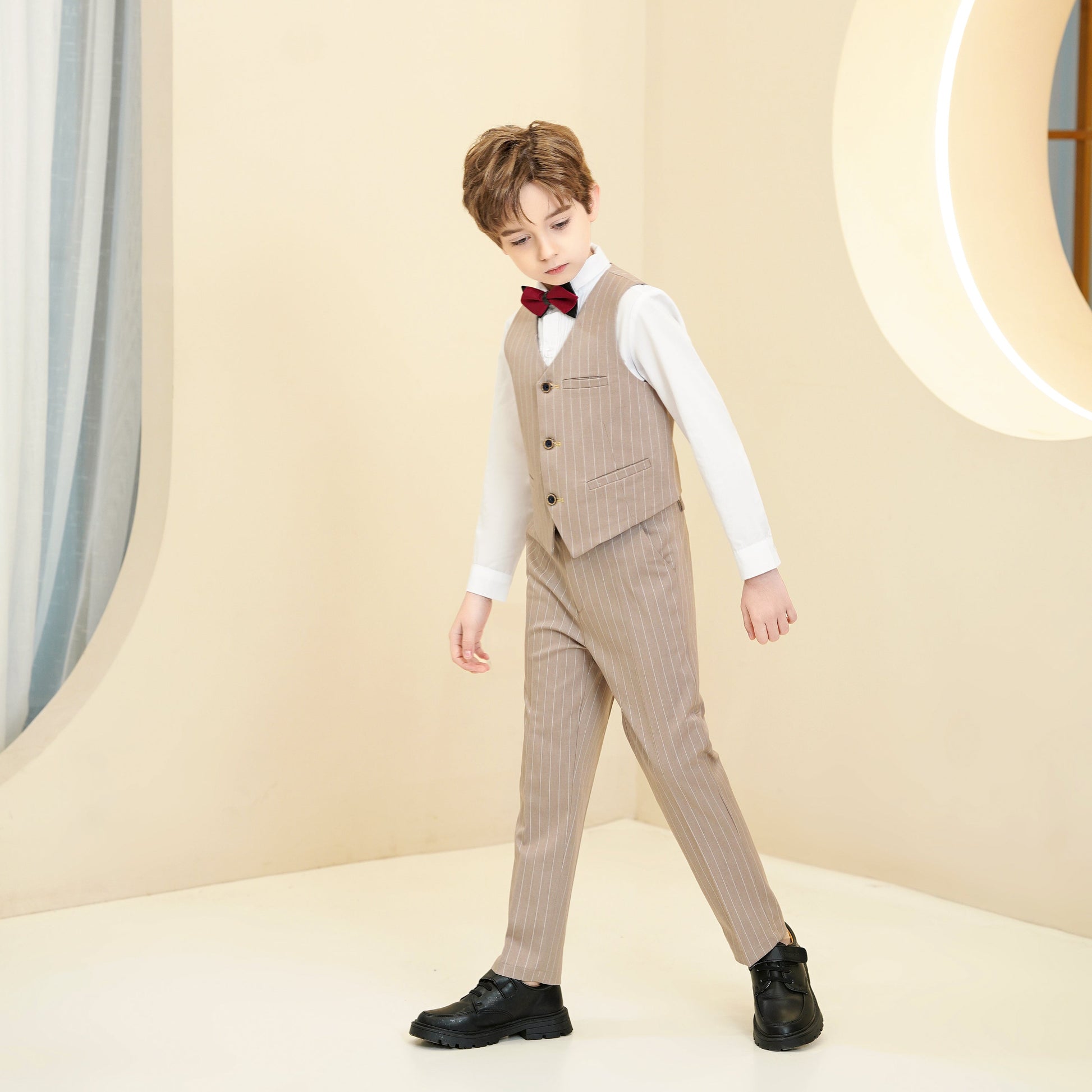 Khaki Striped Modern 5 Piece Boy's Formal Suits Yuanlu