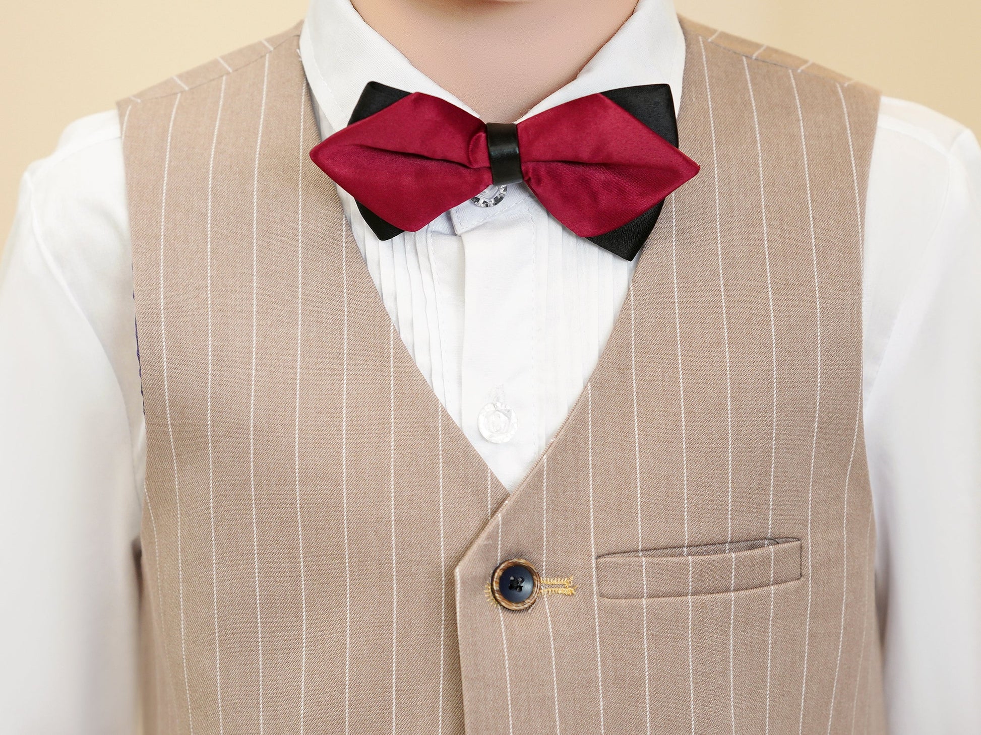 Khaki Striped Modern 5 Piece Boy's Formal Suits Yuanlu