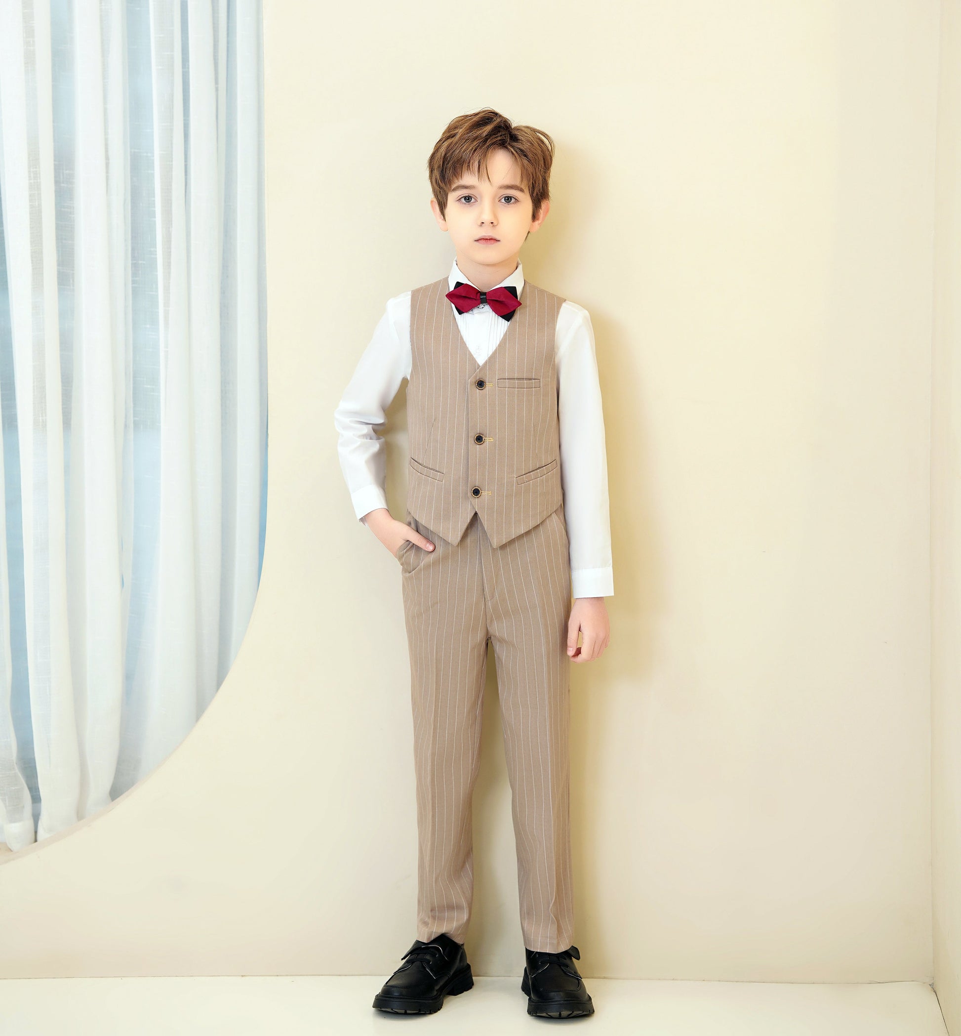 Khaki Striped Modern 5 Piece Boy's Formal Suits Yuanlu