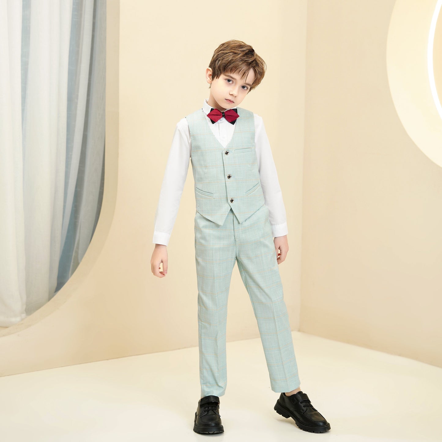 Mint Green Plaid Elegant Formal 4 Piece Boys Suits Yuanlu