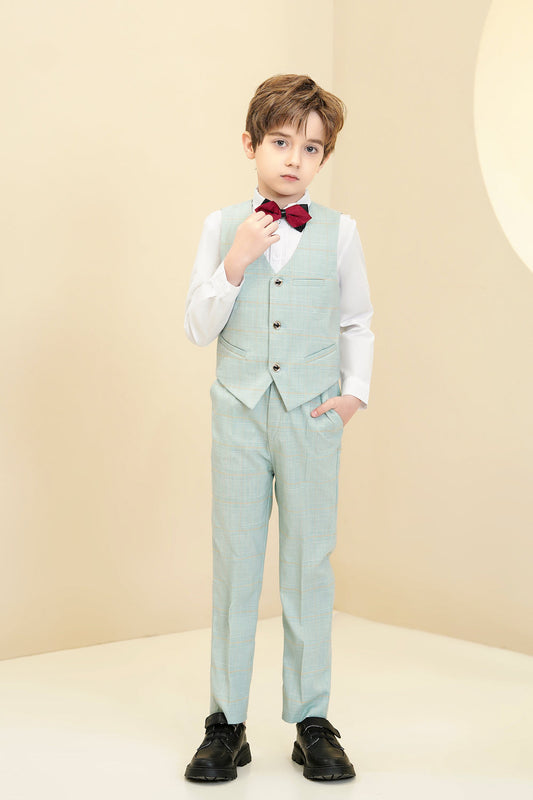 Mint Green Plaid Elegant Formal 4 Piece Boys Suits Yuanlu