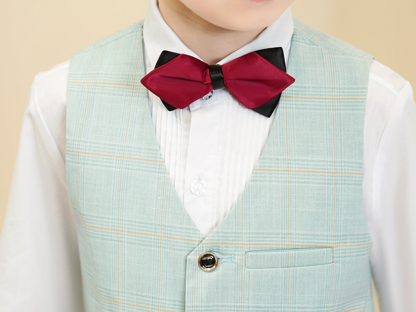 Mint Green Plaid Elegant Formal 5 Piece Boys Suits Yuanlu