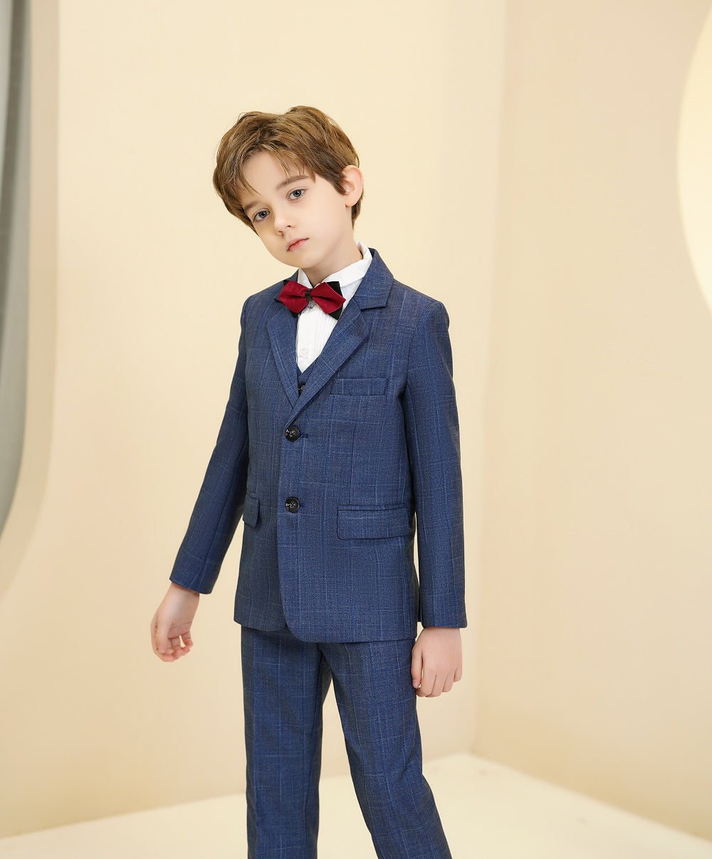 Blue Plaid Elegant Formal 5 Piece Boys Suits Yuanlu