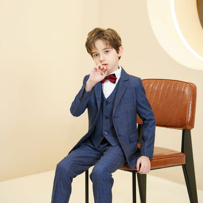 Blue Plaid Elegant Formal 5 Piece Boys Suits Yuanlu