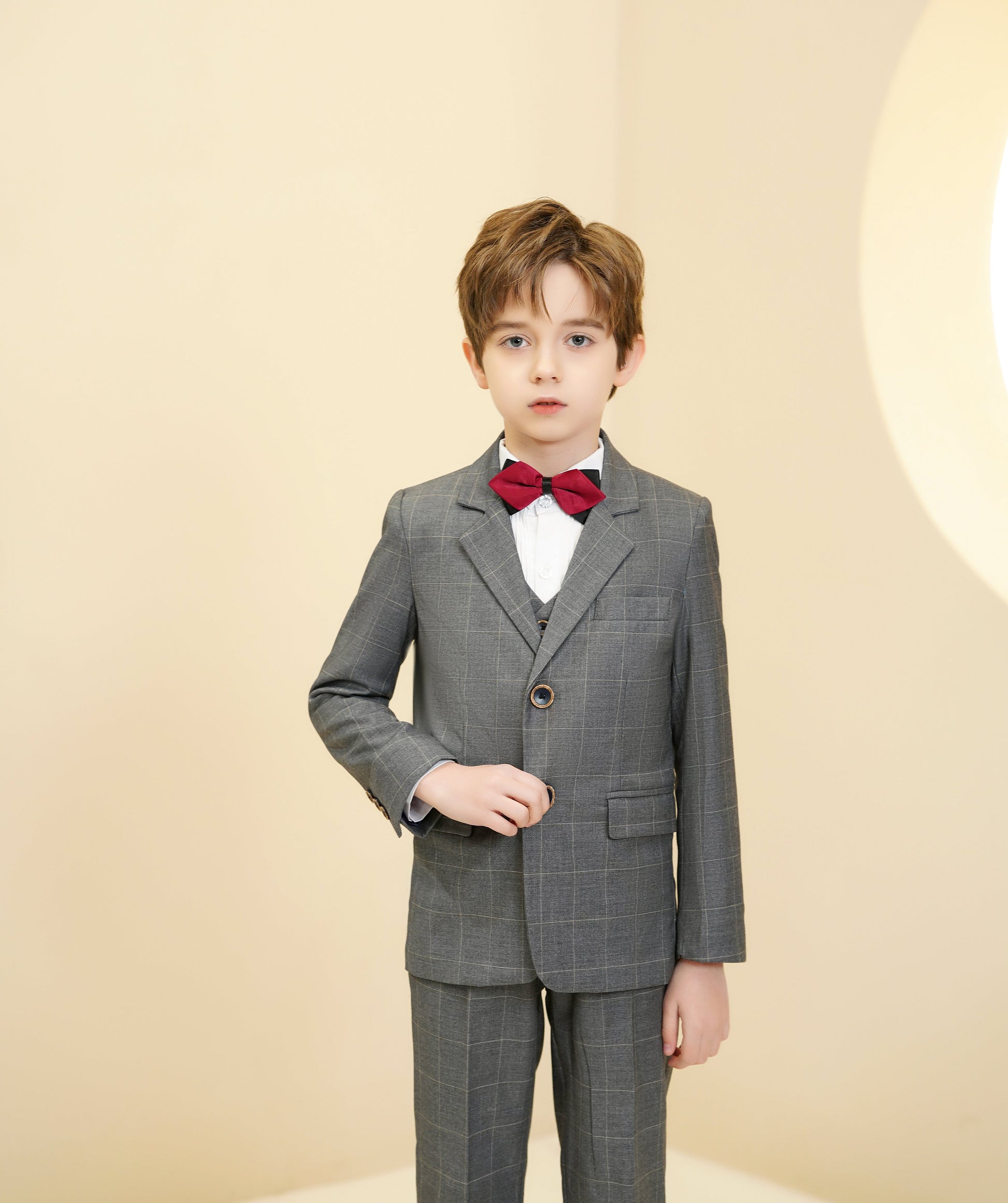 Grey Plaid Elegant 5 Piece Boys Suits Yuanlu