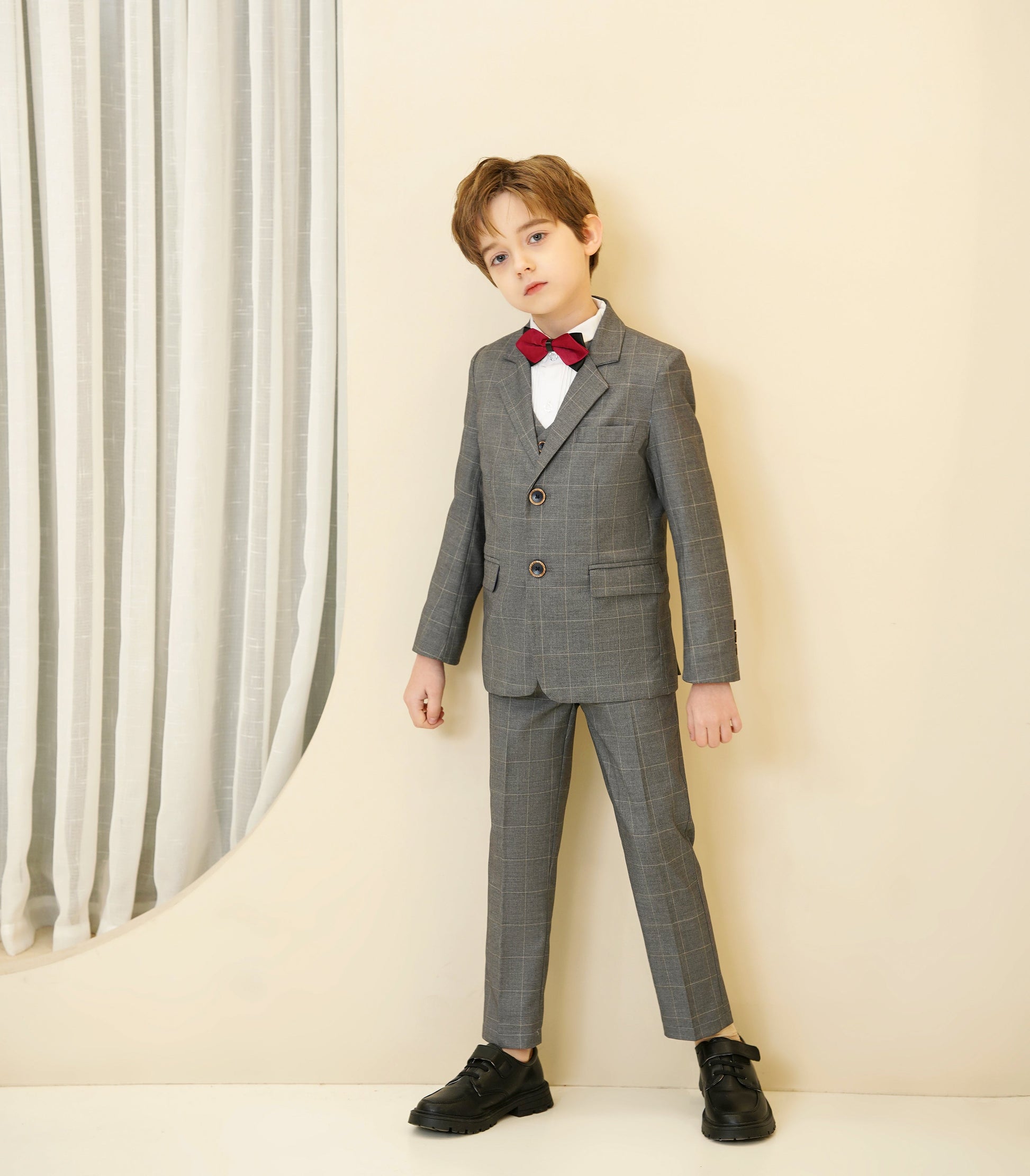 Grey Plaid Elegant 5 Piece Boys Suits Yuanlu