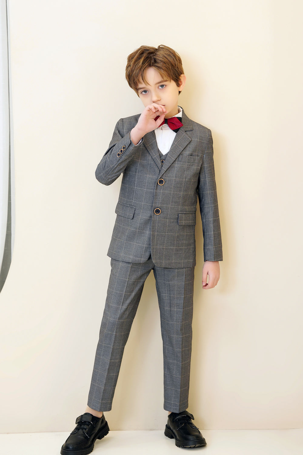 Grey Plaid Elegant 5 Piece Boys Suits Yuanlu