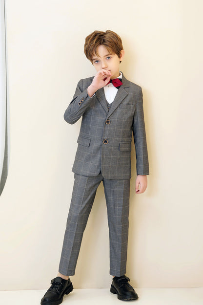 Grey Plaid Elegant 5 Piece Boys Suits Yuanlu