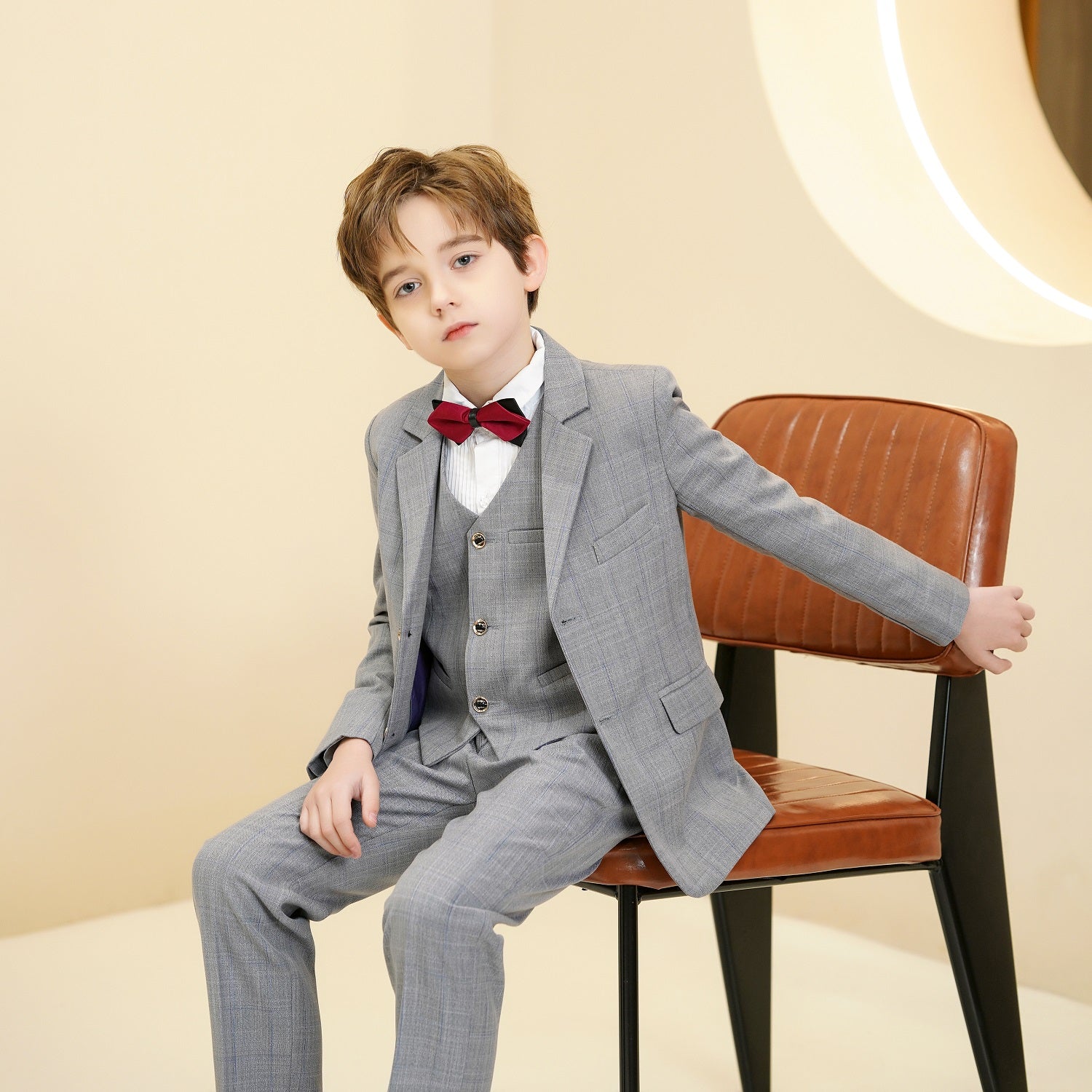 Light Grey Plaid Elegant Formal 5 Piece Boys Suits Yuanlu