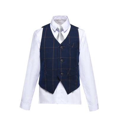 Navy Plaid 2 Piece Kids Boys' Vest and Pants Dress Suits Set Yuanlu