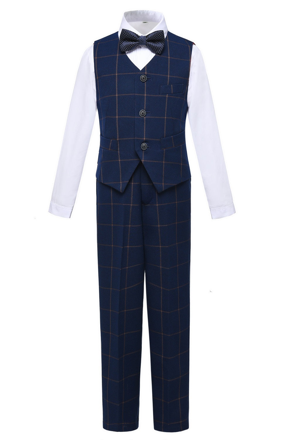 Blue Plaid Elegant Formal 4 Piece Boy's Formal Suits With Vest+Pants+Shirt+Tie Yuanlu