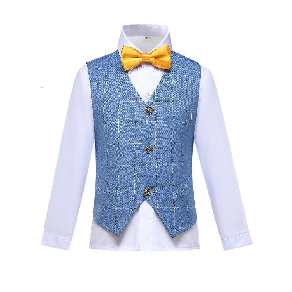 Light Blue Plaid 2 Piece Kids Boys' Vest and Pants Dress Suits Set Yuanlu