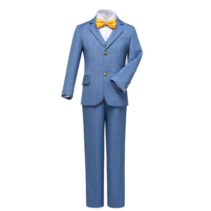 Light Blue Plaid Elegant Formal 5 Piece Boys Suits Yuanlu