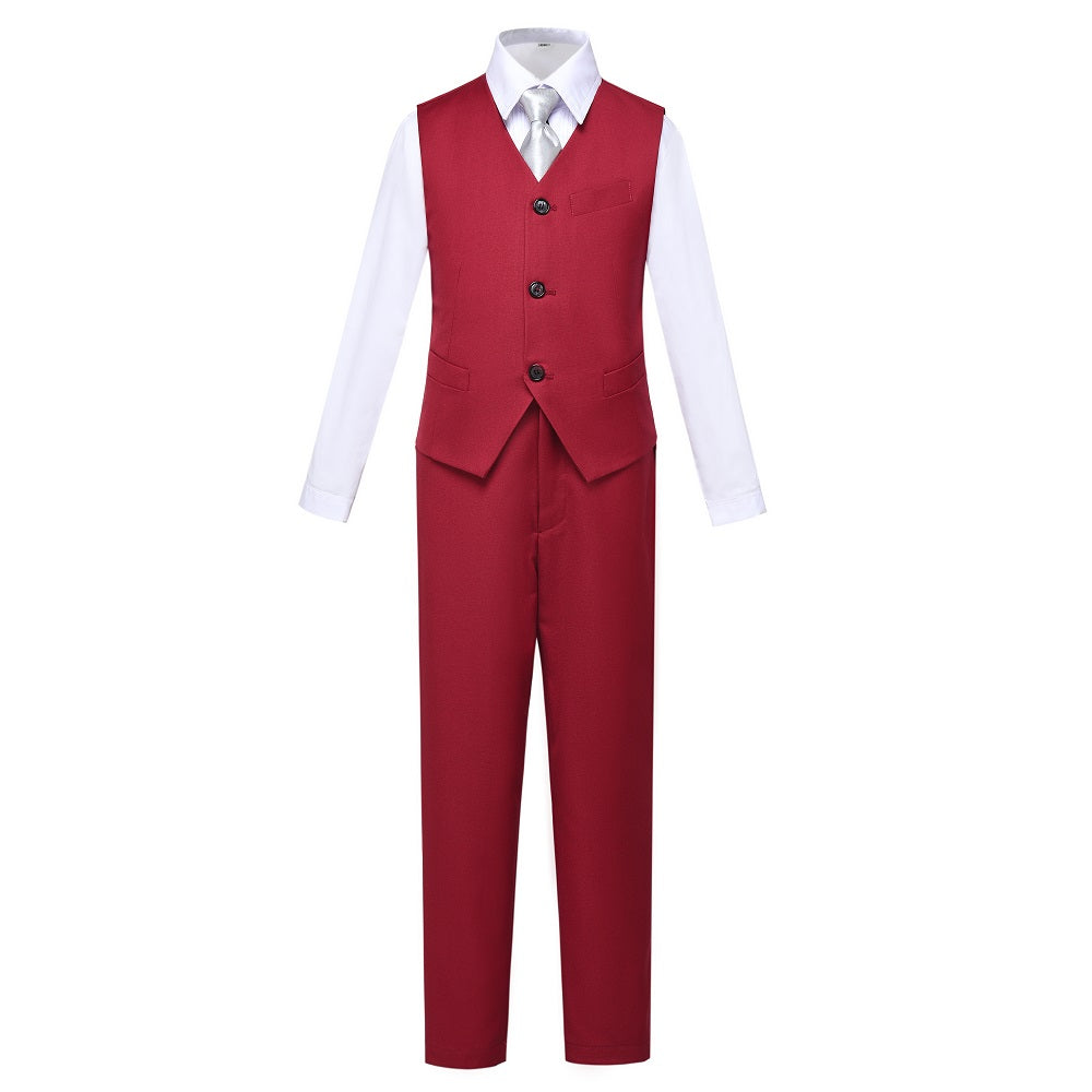 Burgundy Custom Fit Slim 4 Piece Boy's Formal Suits With Vest+Pants+Shirt+Tie Yuanlu