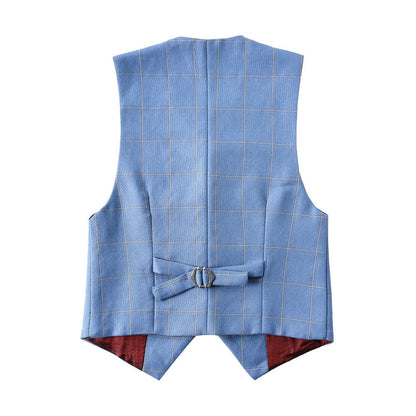 Light Blue Plaid Boys Girls Fully Lined Formal Suit Vest Yuanlu