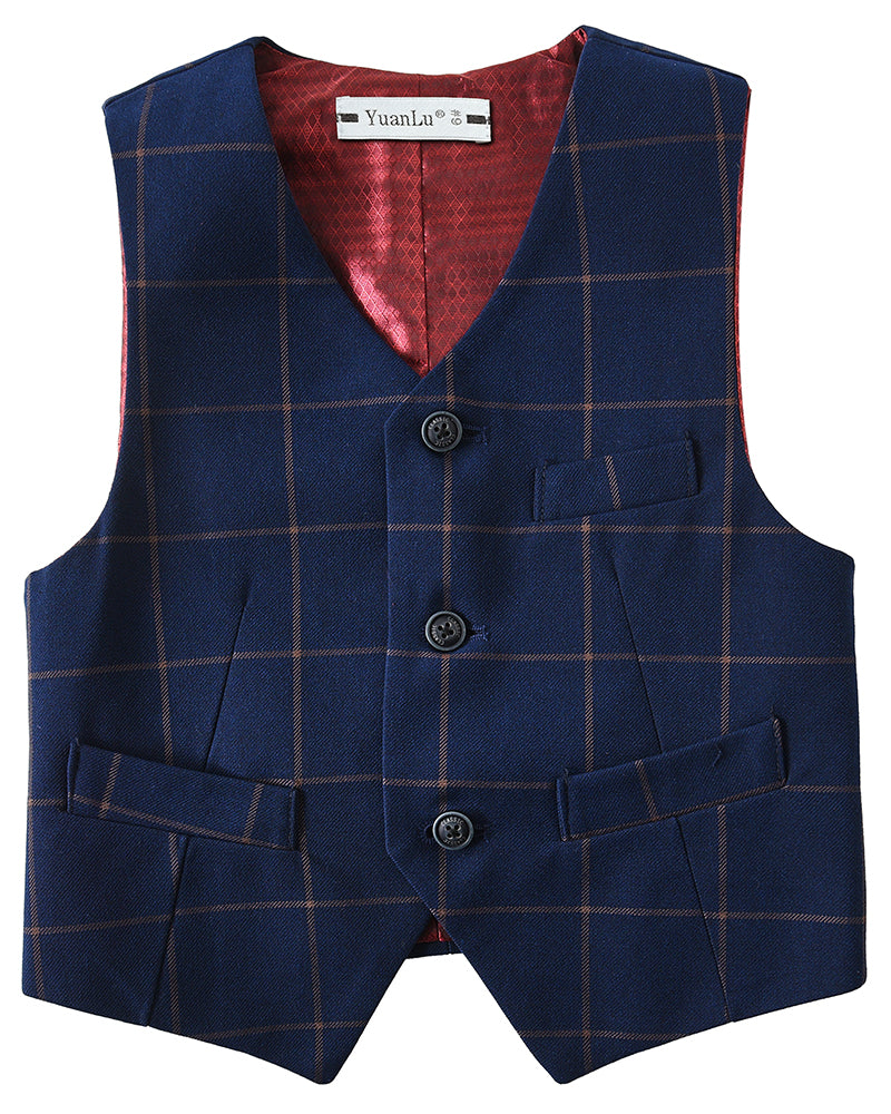 Plaid Blue 4 Piece Boys' Formal Suit Set with Vest Pants Dress Shirt and Tie BS44 sailishahan