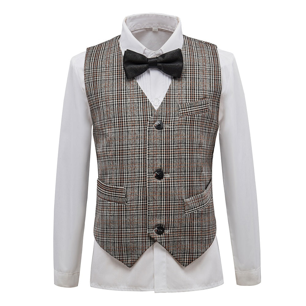 Grey and Brown Plaid Elegant Formal 5 Piece Boys Suits Yuanlu