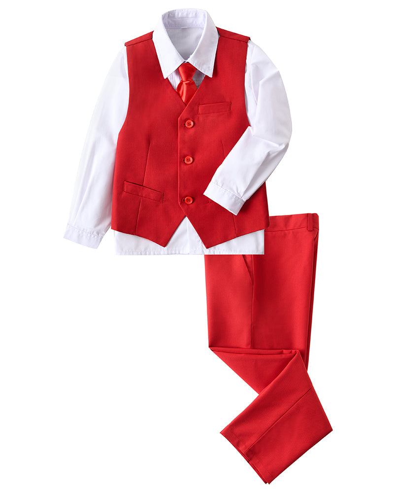 Red 4 Piece Boys' Formal Suit Set with Vest Pants Dress Shirt and Tie BS47 sailishahan