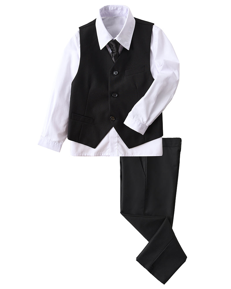 Black 4 Piece Boys' Formal Suit Set with Vest Pants Dress Shirt and Tie BS35 sailishahan