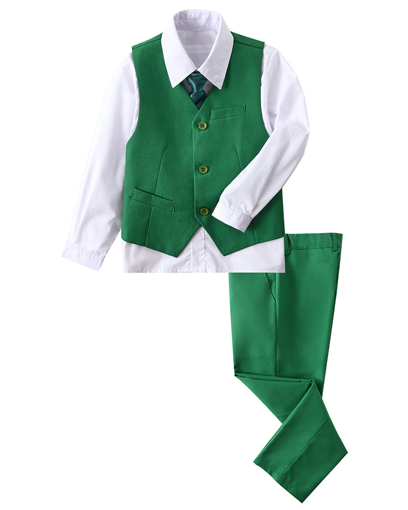 Green 4 Piece Boys' Formal Suit Set with Vest Pants Dress Shirt and Tie BS41 sailishahan