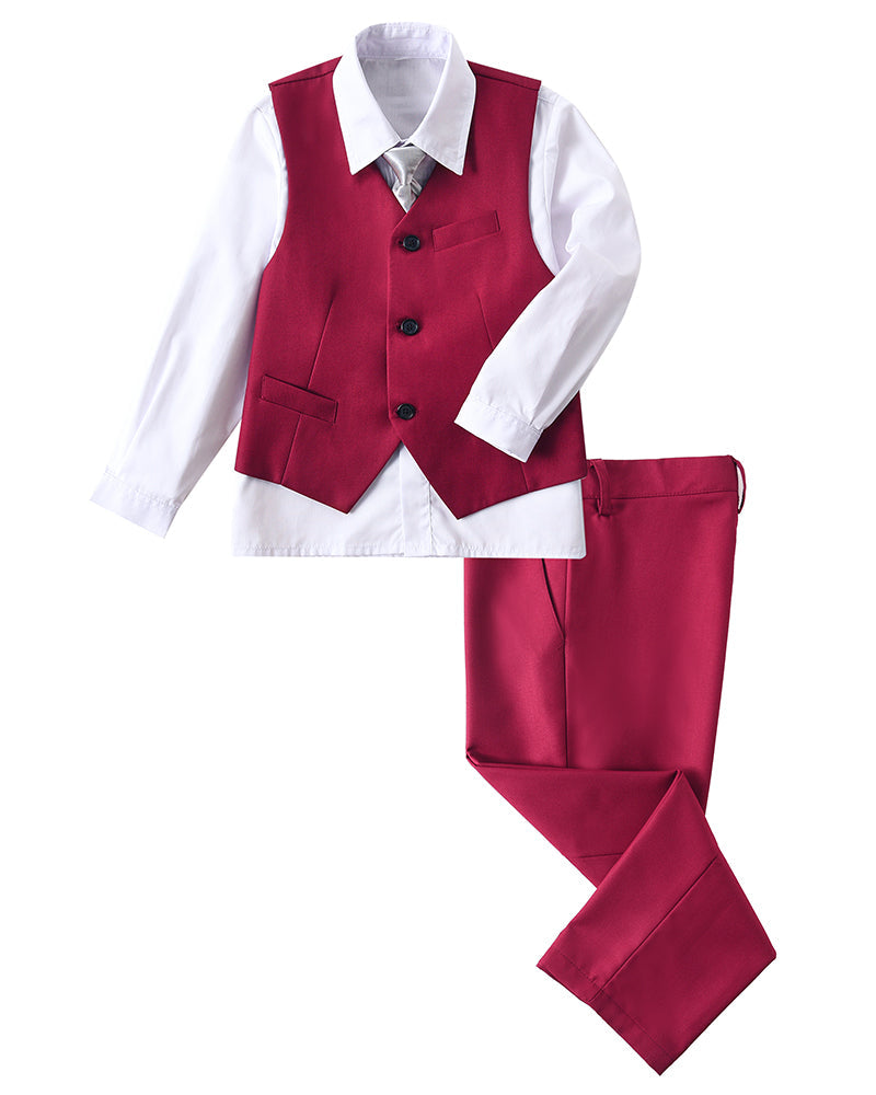 Burgundy 4 Piece Boys' Formal Suit Set with Vest Pants Dress Shirt and Tie BS39 sailishahan