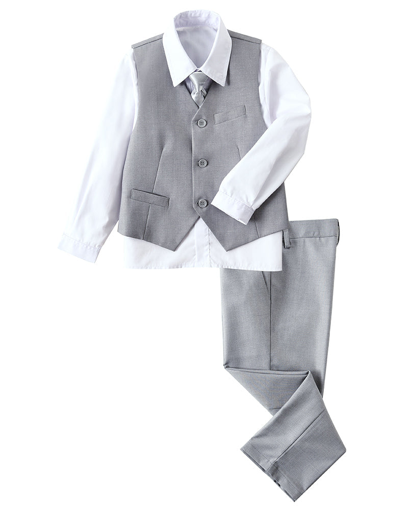 Gray 4 Piece Boys' Formal Suit Set with Vest Pants Dress Shirt and Tie BS40 sailishahan