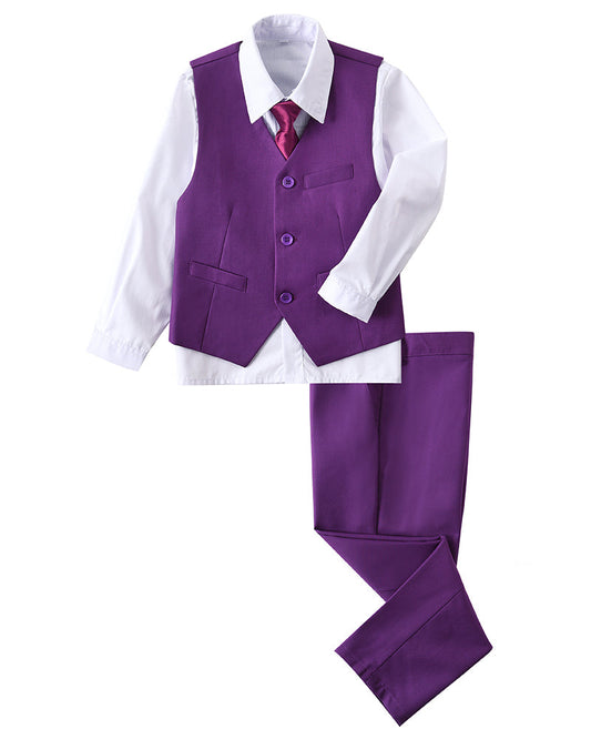 Purple 4 Piece Boys' Formal Suit Set with Vest Pants Dress Shirt and Tie BS46 sailishahan