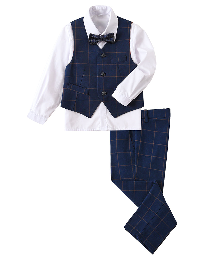 Plaid Blue 4 Piece Boys' Formal Suit Set with Vest Pants Dress Shirt and Tie BS44 sailishahan