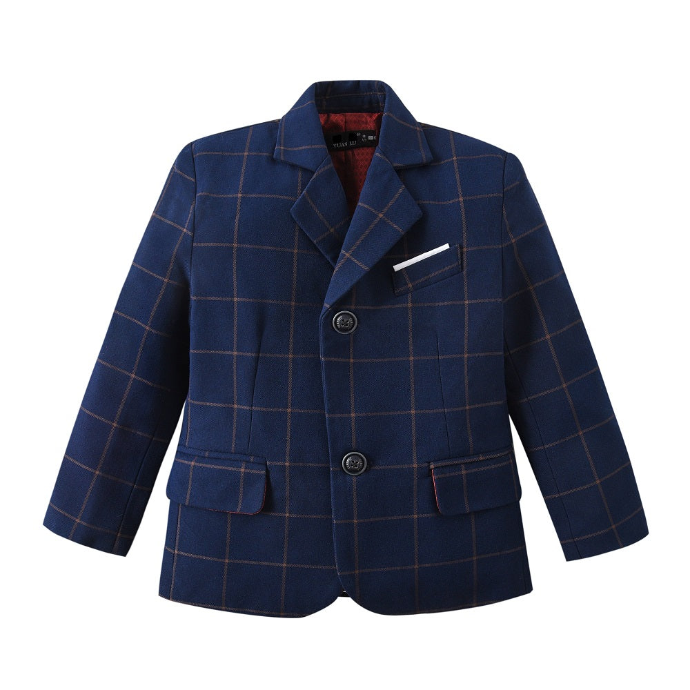 Blue Plaid Elegant 5 Piece Boys Suits Yuanlu