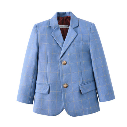 Light Blue Plaid Elegant Formal 5 Piece Boys Suits Yuanlu