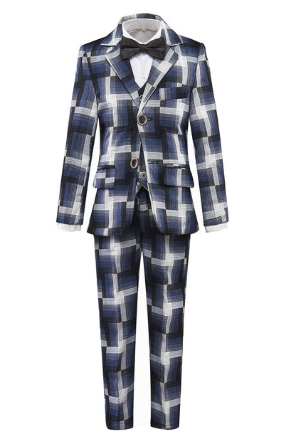 Black and Grey Plaid Banquet 5 Piece Boys Suits Yuanlu