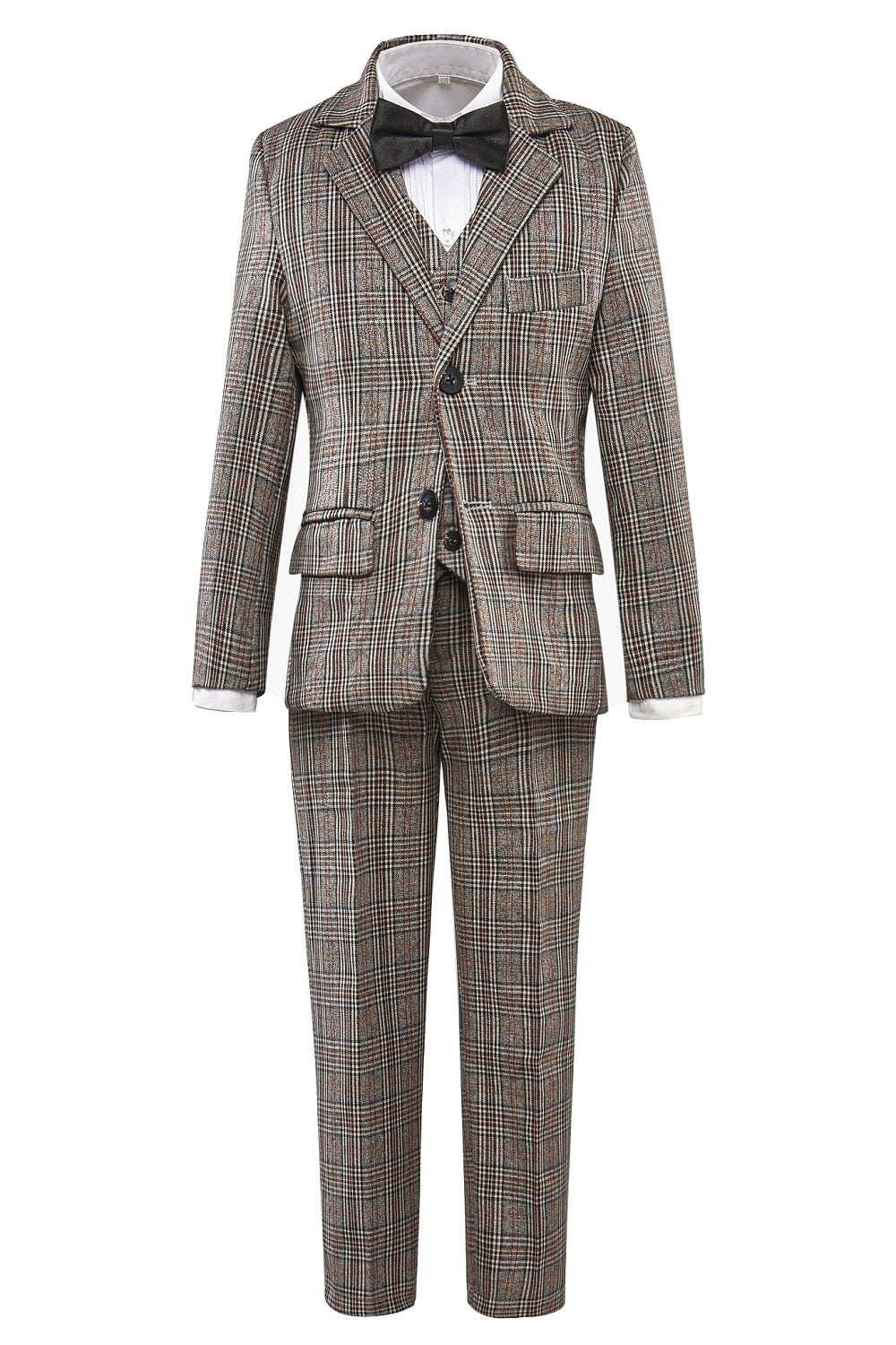 Grey and Brown Plaid Elegant Formal 5 Piece Boys Suits Yuanlu