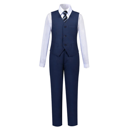 Navy Fit Slim 4 Piece Boy's Formal Suits With Vest+Pants+Shirt+Tie Yuanlu