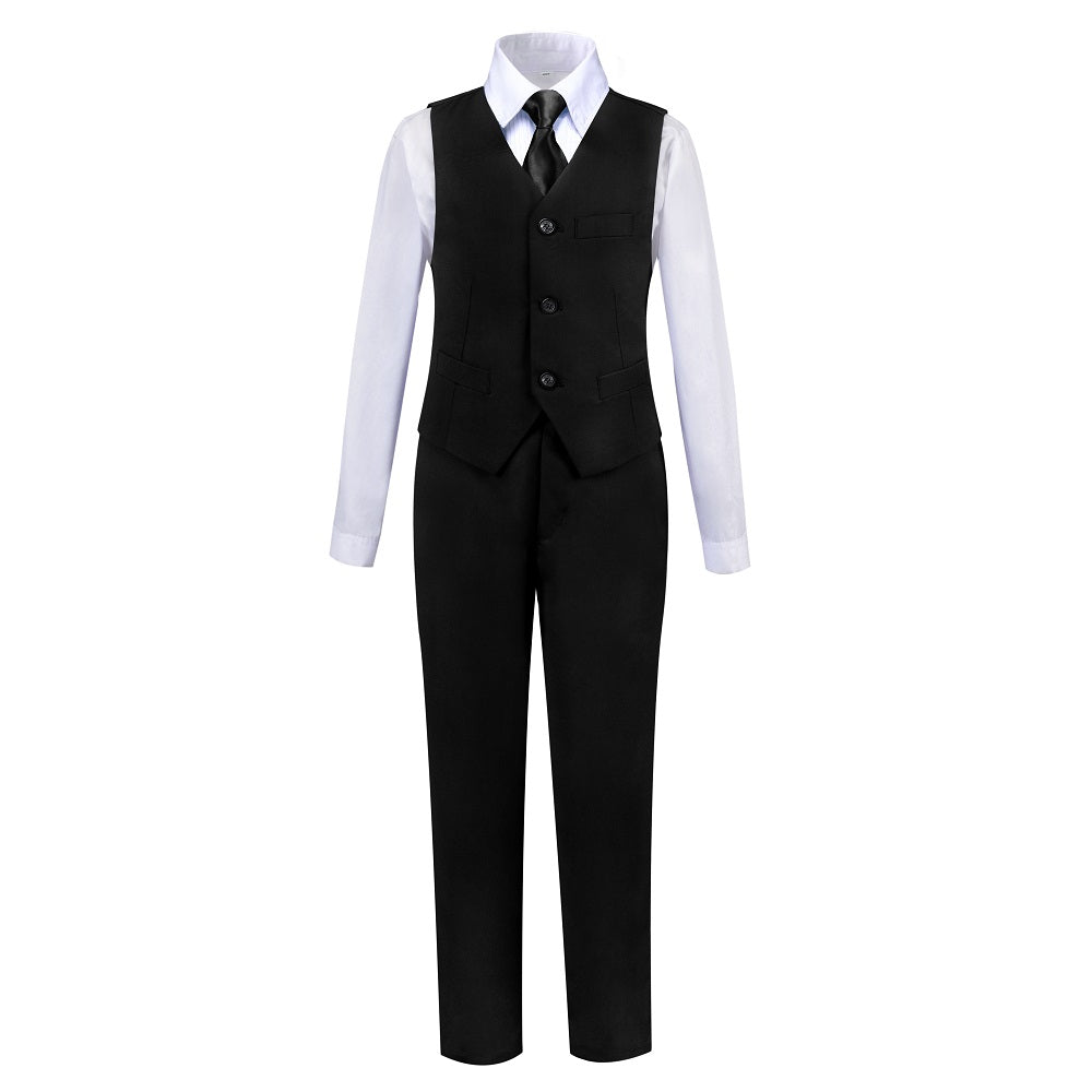 Black Fit Slim 4 Piece Boy's Formal Suits With Vest+Pants+Shirt+Tie Yuanlu