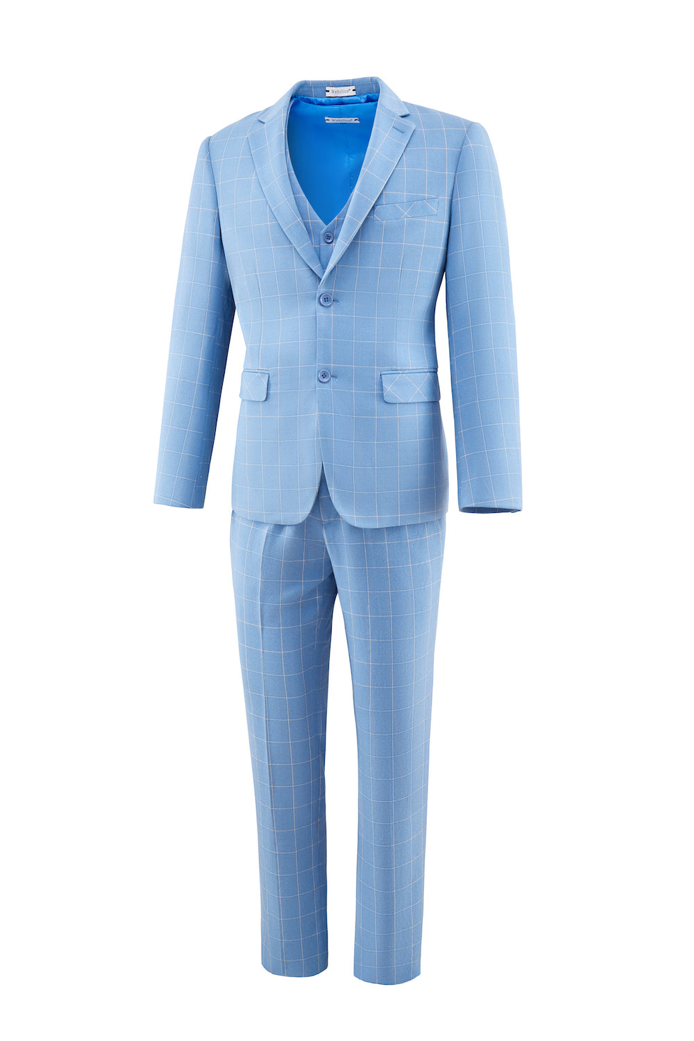 Light Blue Plaid Men's 3 Piece Slim Fit Suit Set Yuanlu