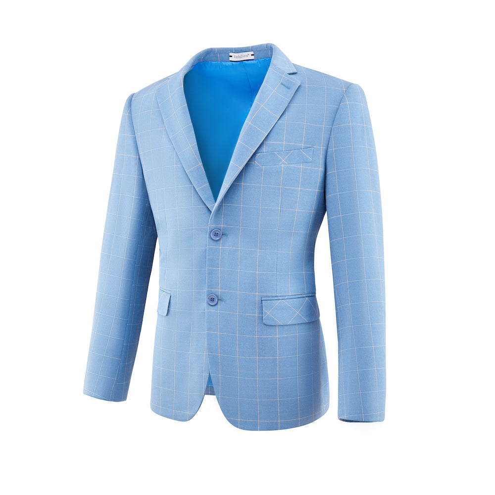 Light Blue Plaid Men's 3 Piece Slim Fit Suit Set Yuanlu