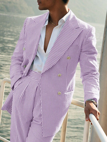 Seersucker Striped Long Blazer Pants 2 Piece Men's Summer Suit Yuanlu