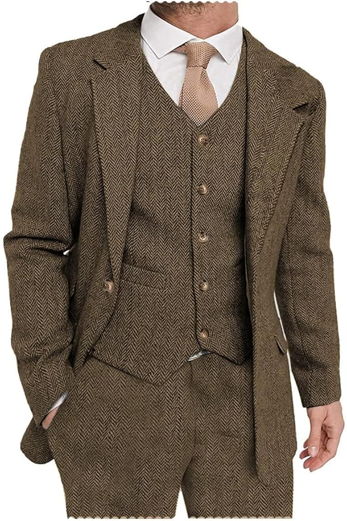 Mens Suit 3 Pieces Formal Tweed Herringbone Dress Suit Notch Lapel Dress Yuanlu