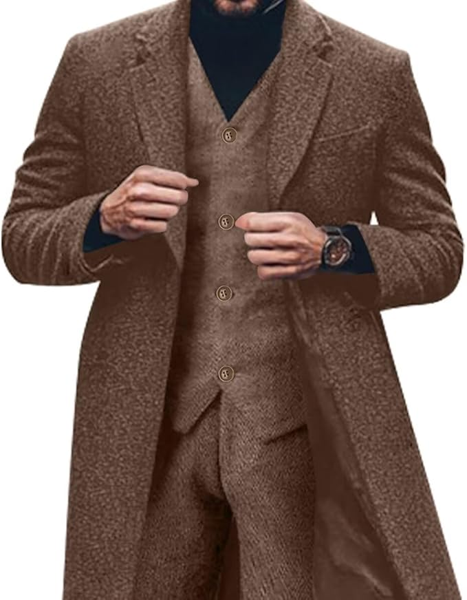 Blazer long à chevrons en tweed rétro 3 pièces pour hommes 3690